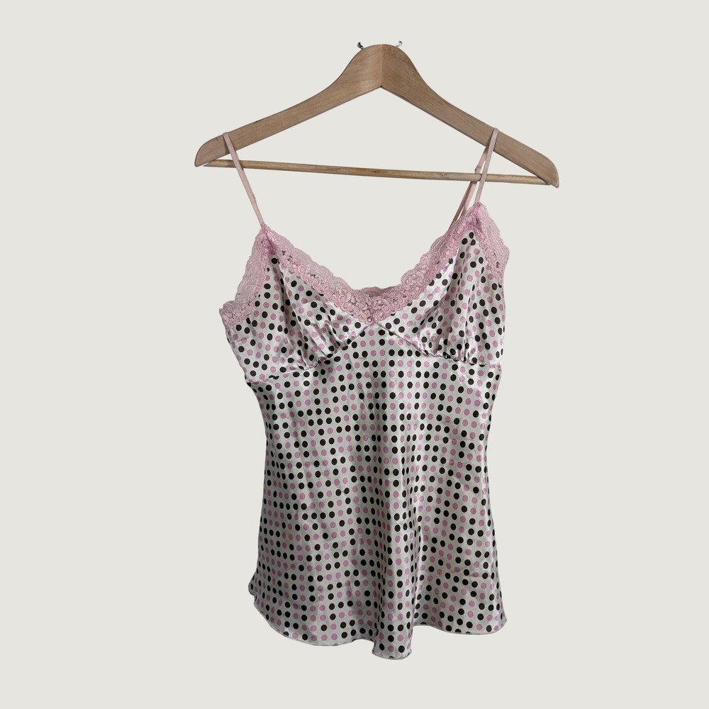 One Camisole Women M Pink Polka Dot Lace Trim Satin Tank Top Y2K ST9867 SA27